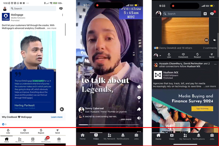 (kiri) Tampilan aplikasi LinkedIn versi sebelumnya, sedangkan sisi sebelahnya (tengah dan kanan) adalah tampilan baru dari linimasa LinkedIn yang sedang diuji coba