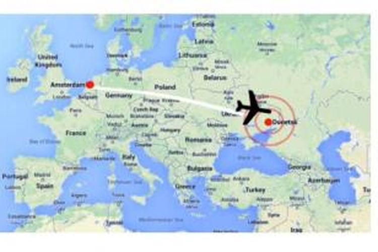 Ini rute penerbangan pesawat berkode penerbangan MH17 milik Malaysia Airlines yang jatuh di sekitar Ukraina Kamis (17/7/2014)