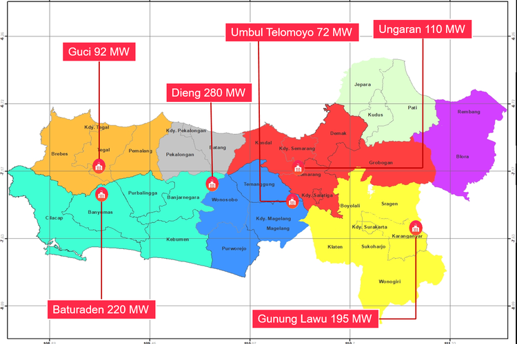 Peta potensi panas bumi di Jawa Tengah.