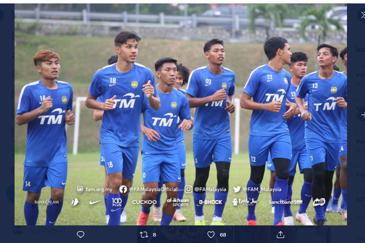 Tangkapan layar Twitter @FAM_Malaysia yang menampilkan momen latihan timnas u23 Malaysia.