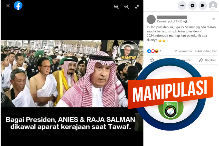 Tangkapan layar konten manipulasi di sebuah akun Facebook, Senin (26/6/2023), menampilkan Anies Baswedan menunaikan ibadah haji bersama Raja Salman.