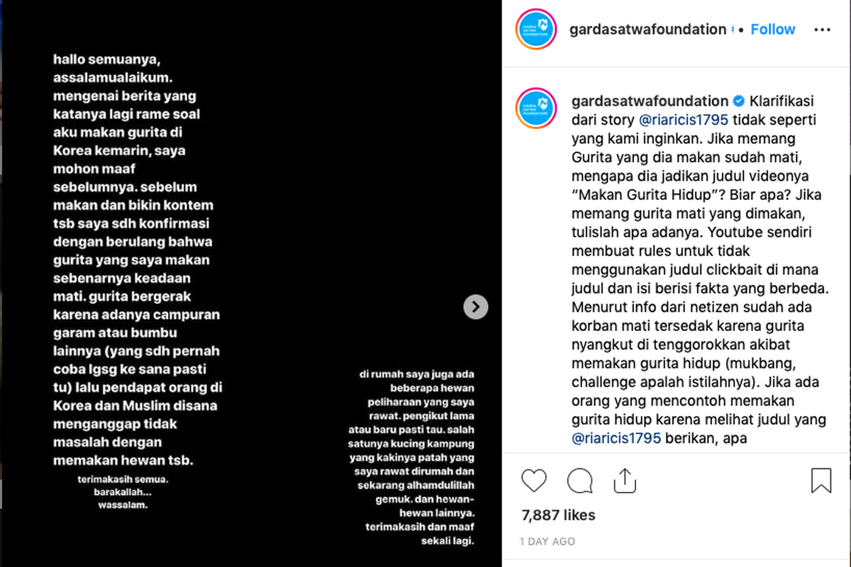 Garda Satwa Foundation mengunggah klarifikasi Ria Ricis tentang video mukbang gurita hidupnya.