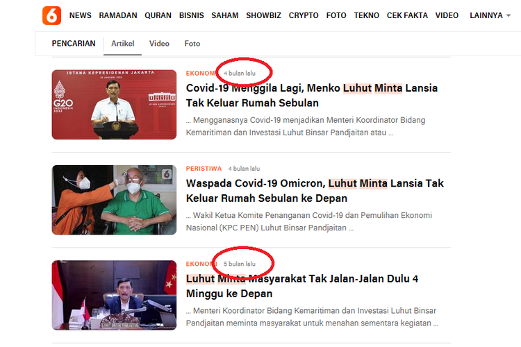 Tangkapan layar hasil pencarian artikel di Liputan 6 soal pernyataan Luhut Binsar Pandjaitan. Tangkapan layar judul artikel itu beredar di media sosial tanpa konteks lengkap atau missing context.