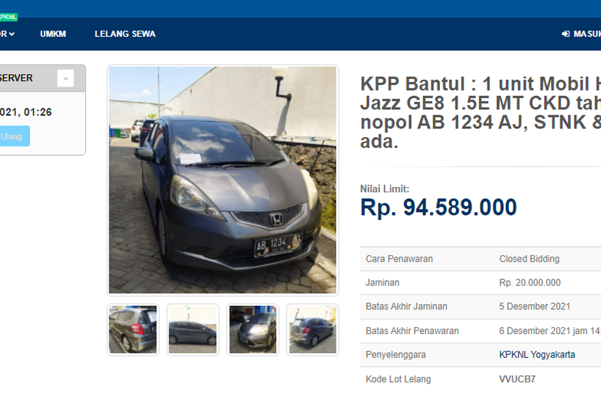 Tangkapan layar laman lelang Honda Jazz yang akan diselenggarakan pemerintah di situs lelang.go.id