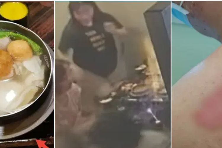 Kolase foto hotpot dan kejadian saat hotpot meledak di sebuah restoran Kuala Lumpur, Malaysia, yang mengakibatkan sebuah keluarga mengalami luka bakar tingkat 1 dan 2 pada September 2022.