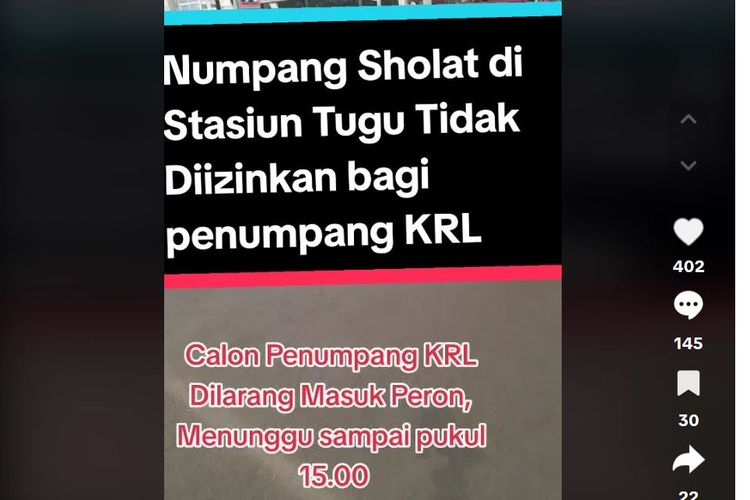 Viral di media sosial TikTok seorang penumpang kereta rel listrik (KRL) di Stasiun Tugu Yogyakarta yang dilarang masuk ke peron dan menuju ke mushala untuk menunaikan ibadah salat.
