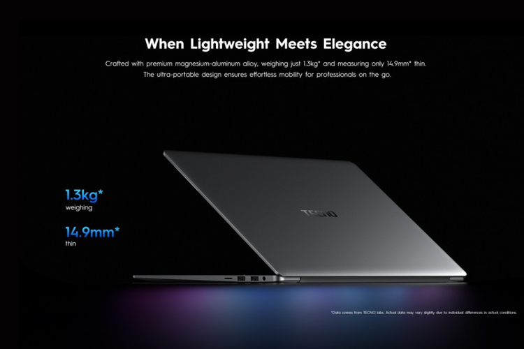 Laptop Tecno Megabook S16 hadir dengan bobot 1,3 kg dan ketebalan 14,9 mm.