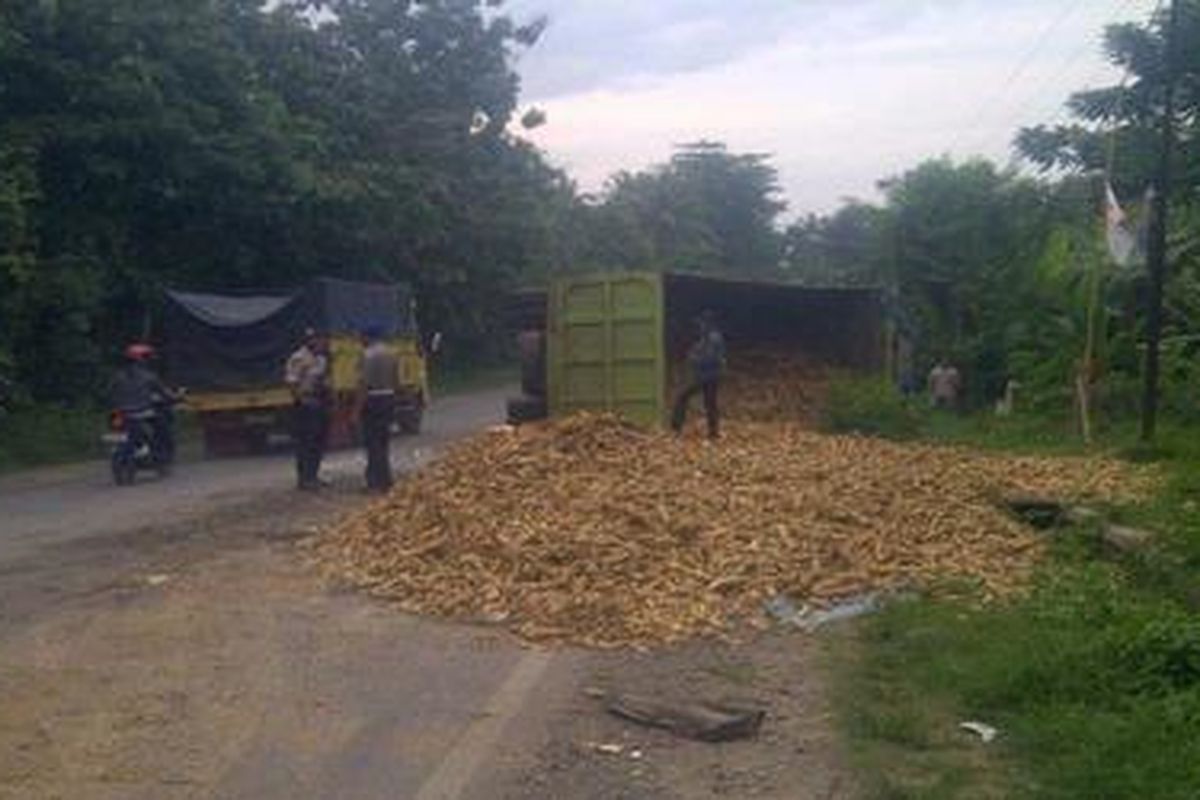 Truk pengangkut 16 ton singkong terjungkal di jalan lintas timur Sumatera di Gunung Sugih, Lampung Tengah, Senin (6/2/2012).