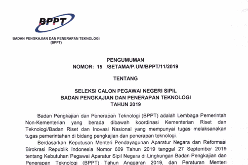 CPNS 2019 BPPT Resmi Dibuka, Ini Jadwal dan Syaratnya