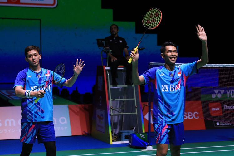 Fajar Alfian/Muhammad Rian Ardianto seusai melakoni laga melawan Ben Lane/Sean Vendy dalam babak semifinal Kejuaraan Dunia 2022 di Tokyo Metropolitan Gymnasium, Jepang, pada Jumat (26/8/2022).