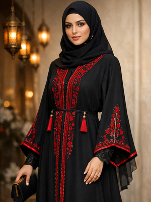 Gaya elegan abaya hitam detail bordir merah.
