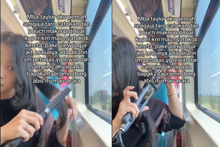 Tangkap layar video orang mencatok rambut di dalam gerbong kereta api.
