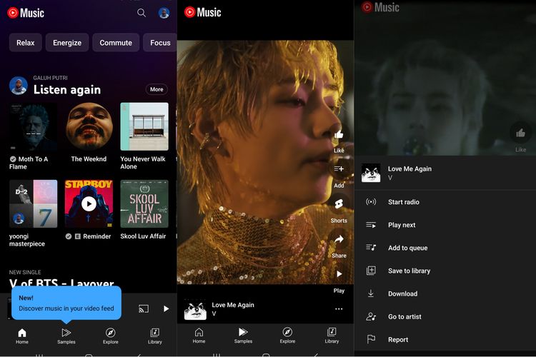 Tampilan tab Samples di aplikasi YouTube Music di perangkat Android.