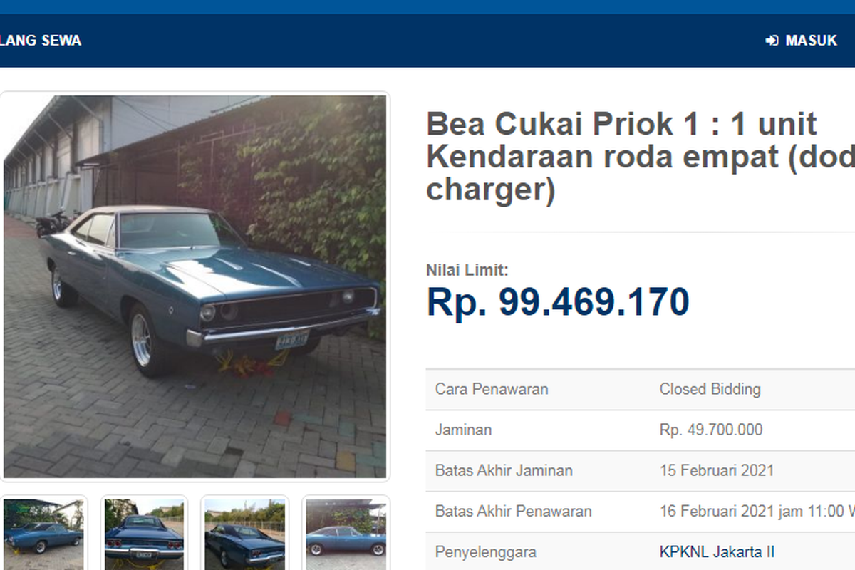 tangkapan layar mobil dodge charger yang dilelang bea cukai