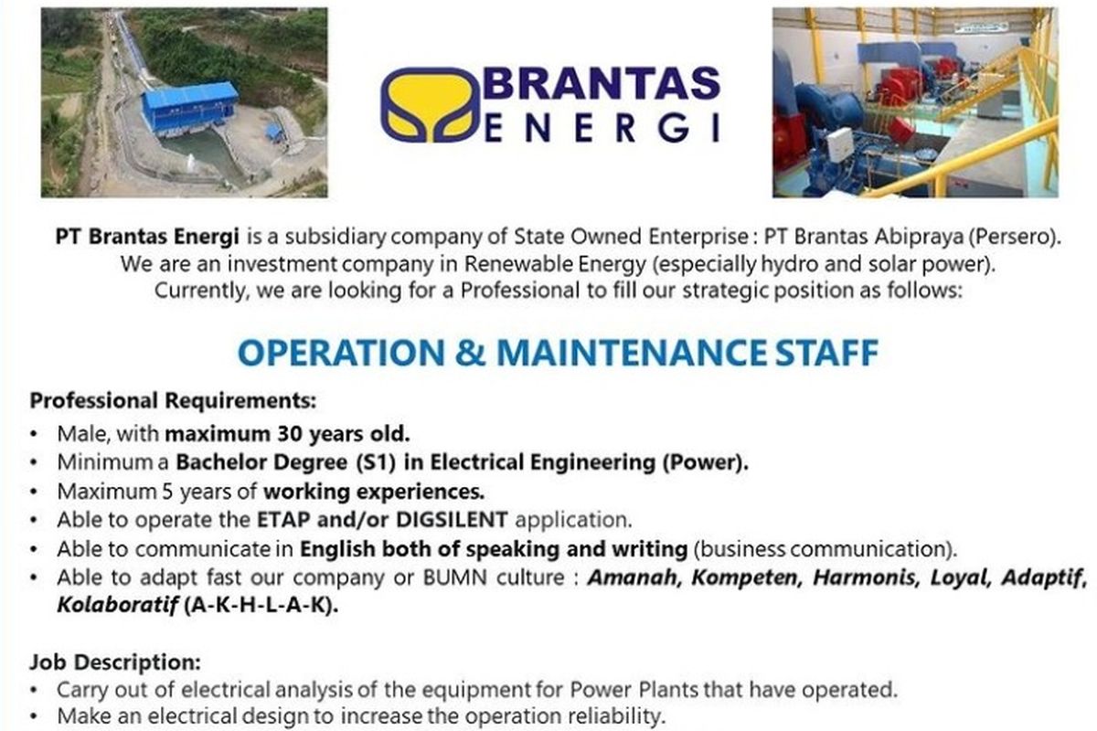 PT Brantas Energi sedang membuka lowongan kerja untuk lulusan S1 Teknik Elektro dan Teknik Sipil
