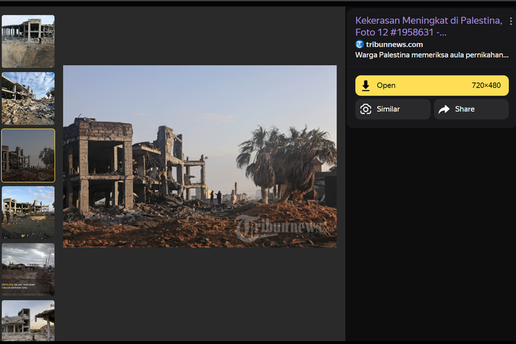 Tangkapan layar pencarian gambar di Yandex, soal kondisi reruntuhan gedung pernikahan di Gaza pada 13 Februari 2023, yang rusak akibat serangan Israel.