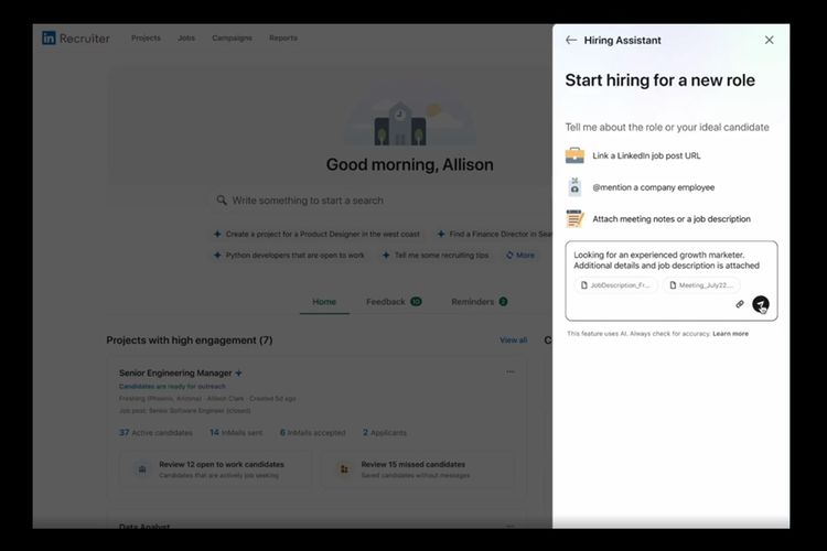 Tampilan fitur AI Hiring Assistant di LinkedIn