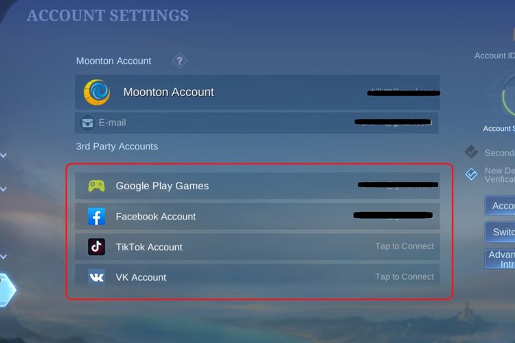Cara menghubungkan akun Mobile Legends dengan akun pihak ketiga.