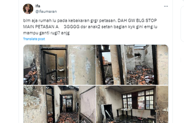 Tangkapan layar unggahan yang memperlihatkan rumah terbakar diduga karena petasan di Sukajadi, Bandung, Jawa Barat