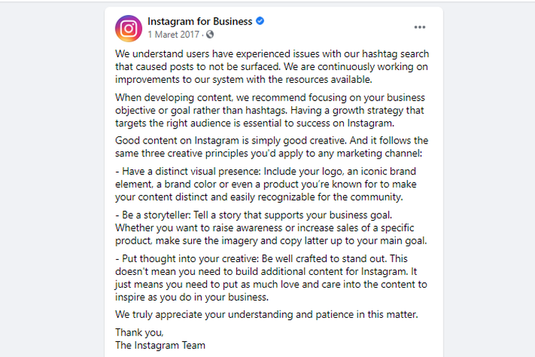 Tangkapan layar penjelasan Instagram terhadap penggunaan tagar.
