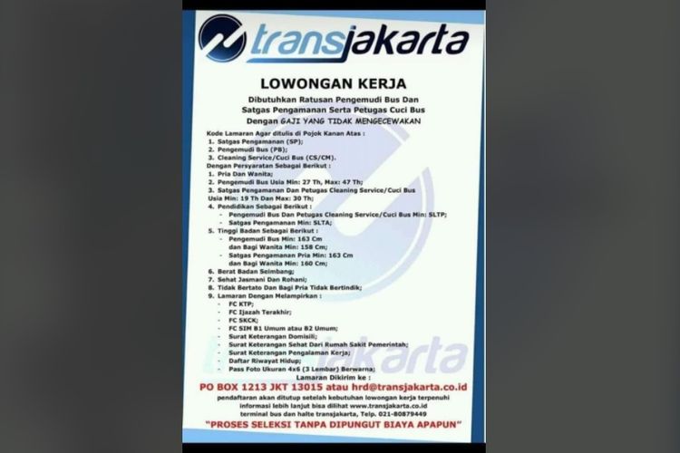 Hoaks lowongan kerja Transjakarta