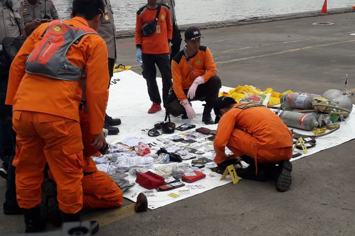 Petugas memeriksa puluhan kartu identitas yang diduga milik para penumpang pesawat Lion Air JT 610 yang jatuh perairan Karawang, Jawa Barat, Senin (29/10/2018). Kartu-kartu identitas itu ditemukan di perairan Karawang dan dibawa ke Dermaga JICT 2 Pelabuhan Tanjung Priok, Selasa (30/10/2018).