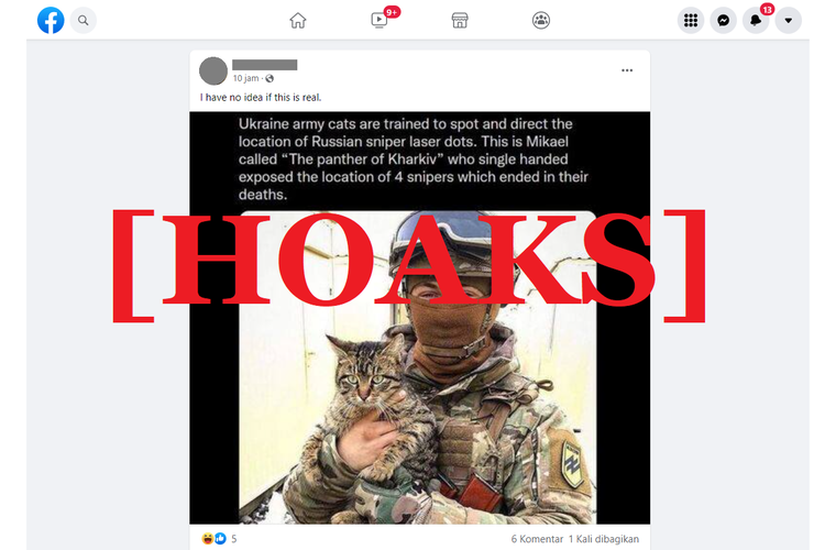 Tangkapan layar unggahan hoaks di sebuah akun Facebook, yang menyebut bahwa tentara Ukraina melatih kucing untuk mengetahui lokasi penembak jitu.