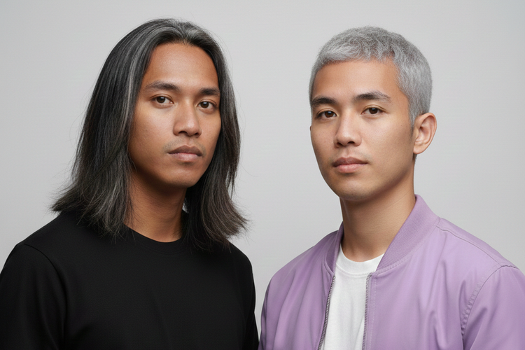 Ilustrasi laki-laki beruban memakai kaos hitam dan jaket lavender.