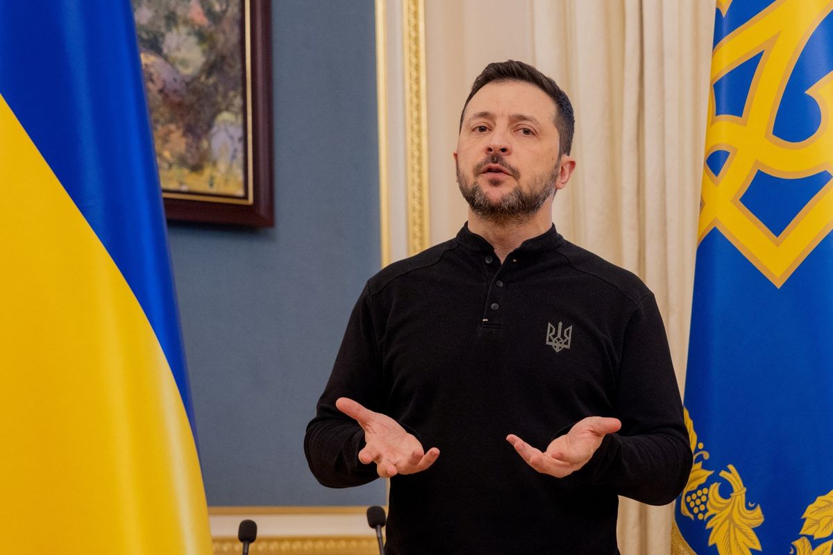 Presiden Ukraina Volodymyr Zelensky saat melakukan konferensi pers di Kyiv, 26 Februari 2025, ketika perang Rusia-Ukraina masih berkecamuk.