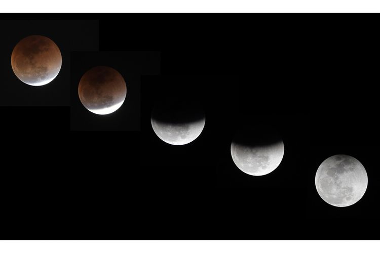 Kombinasi penampakan bulan saat terjadinya gerhana bulan total atau super blue blood moon, di Islamabad, Pakistan, Rabu (31/1/2018) malam. Warga di berbagai belahan dunia antusias menyaksikan fenomena langka yang terjadi bertepatan saat bulan berada dalam konfigurasi supermoon dan blue moon ini terjadi sekitar dalam kurun waktu 150 tahun sekali.