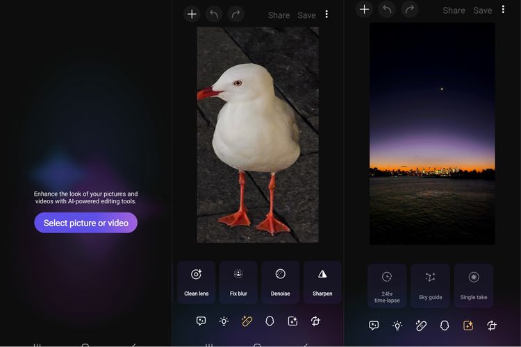 Aplikasi edit foto Galaxy Enhance-X di HP Samsung dapat tampilan baru. Ada 7 fitur edit foto/video baru juga seperti Sky Guide, 24hr timelaps, Single Take, Slo-mo, Long Exposure, Clean Lens, dan Denoise.