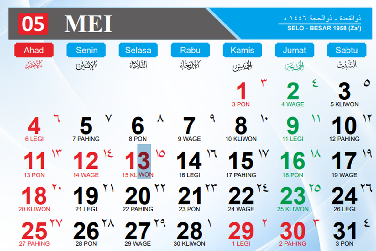 Kalender Mei 2025. Simak kalender Jawa hari ini lengkap dengan weton dan penanggalan Hijriah