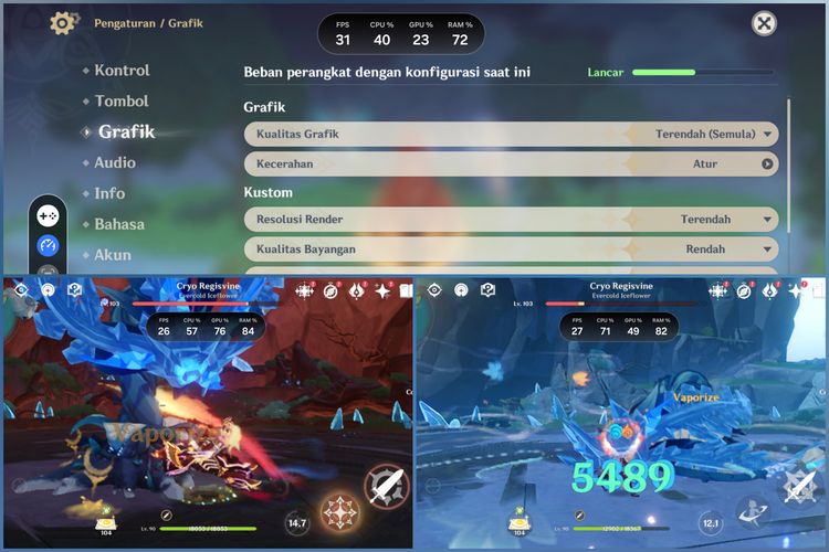 Samsung Galaxy A57 5G memainkan Genshin Impact.