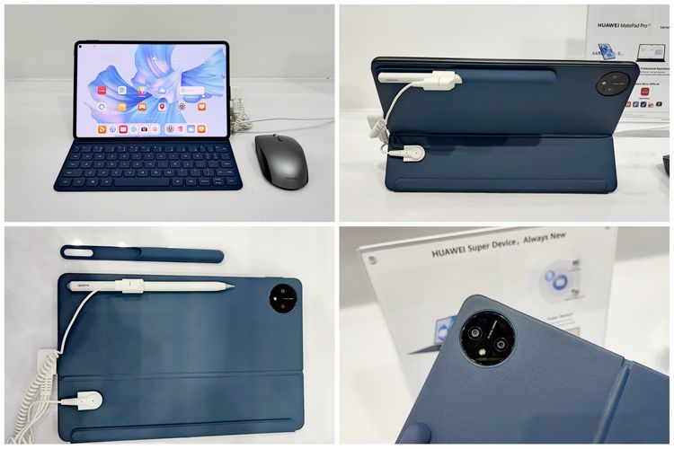 Tampilan Huawei MatePad Pro 11 dengan aksesori smart magnetic keyboard cover dari berbagai sisi.