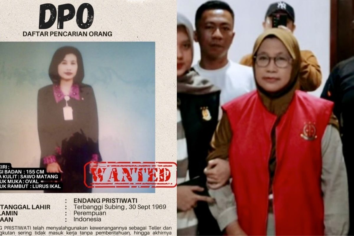 Kolase poster buronan eks teller bank BUMN yang ditangkap Kejari Lampung Tengah, Senin (5/5/2025).
