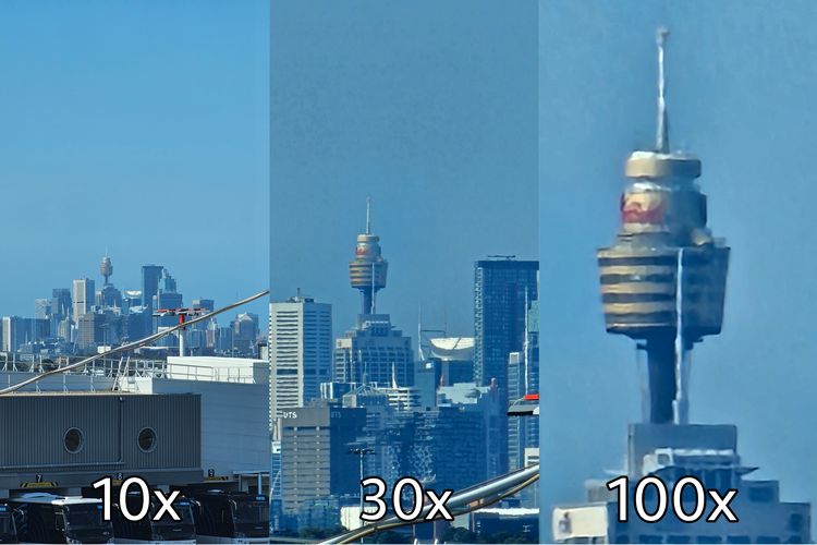 Membidik Sydney Tower Eye dari bandara Sydney Kingsford Smith yang jaraknya 17 km. Dari hasil foto 10x, kami sudah bisa melihat wujud Menara Sydney setinggi 309 meter itu. Dengan zoom digital 30x dan 100x, kami bisa melihat Menara Sydney lebih dekat lagi, meski hasilnya sudah pasti tidak sebaik zoom optis 10x.
