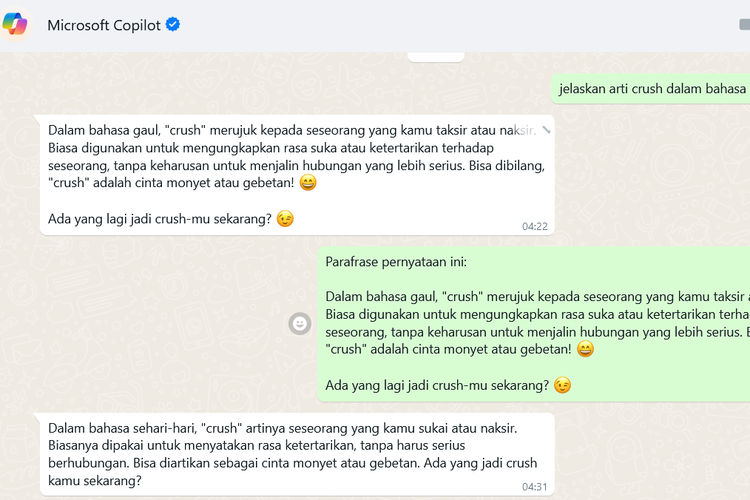 Tampilan fitur Copilot WhatsApp yang bisa parafrase dan terjemahkan tulisan dalam bahasa Indonesia.