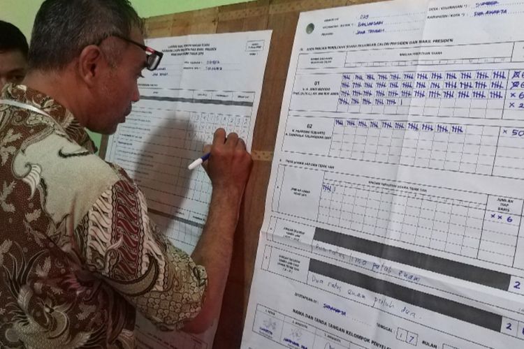 Nampak petugas KPPS TPS 029 Kelurahan Sumber, Kecamatan Banjarsari, Kota Solo sementara menjumlah perolehan suara pilpres 2019. Di TPS yang tak jauh dari Posko Pemenangan Prabowo-Sandiaga itu, paslon Jokowi-Maruf menang telak.