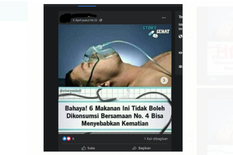 Tangkapan layar unggahan soal makanan yang tidak boleh dikonsumsi bersamaan.