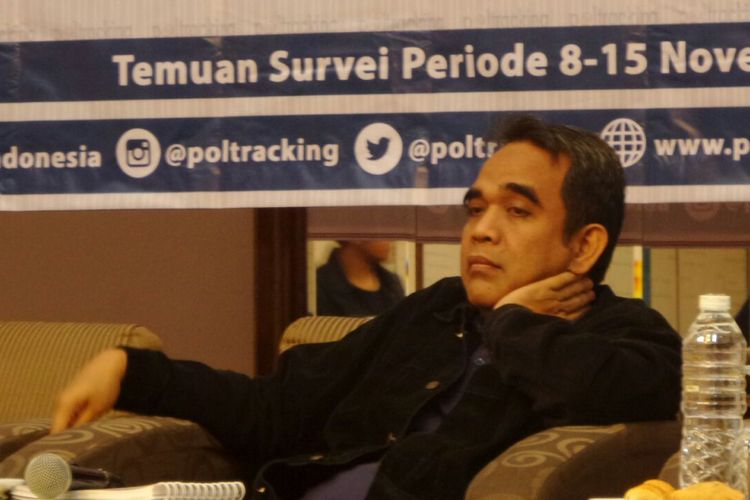 Sekretaris Jenderal DPP Partai Gerindra, Ahmad Muzani pada acara rilis survei Poltracking Indonesia di Hotel Sari Pan Pacific, Jakarta Pusat, Minggu (26/11/2017).