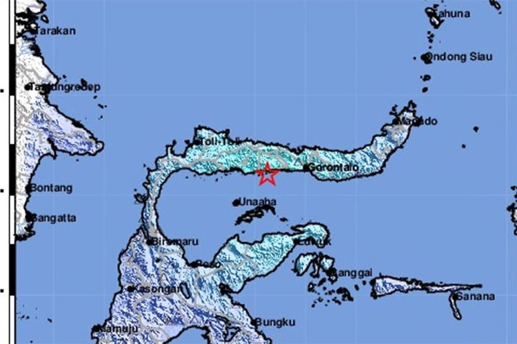 Peta gempa BMKG yang menunjukkan episenter pada koordinat 0,36 derajat lintang utara 122,23 derajat bujur timur, atau tepatnya berlokasi di laut pada jarak 22 Km arah Barat Daya Boalemo, Gorontalo pada kedalaman 89 km.