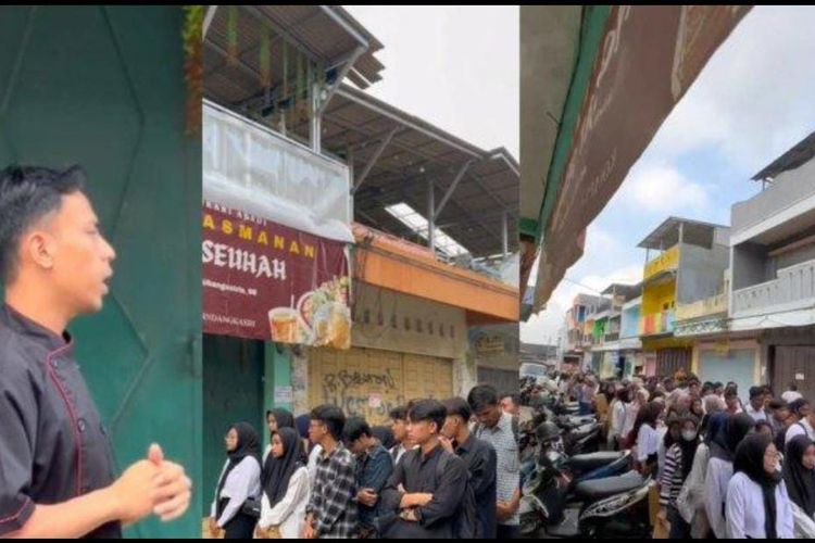 Ratusan pelamar kerja mendatangi warung seblak di Ciamis untuk walk in interview. Video antrean ini viral di media sosial. 