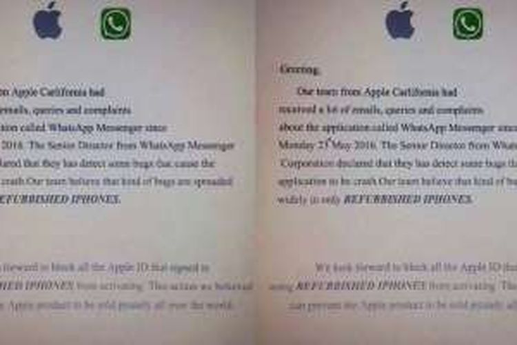 Screenshot yang beredar mengatakan hanya iPhone refurbished (rekondisi) saja yang mengalami error di aplikasi WhatsApp.