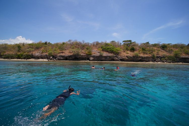 Wisatawan sedang snorkeling di sekitar Pulau Menjangan, Taman Nasional Bali Barat, salah satu destinasi pantai di Bali barat.