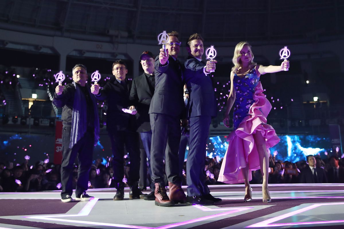 Joe Russo, Anthony Russo, Kevin Feige, Robert Downey Jr, Brie Larson, dan Jeremy Renner (kiri ke kanan) menghadiri acara fan event film Avengers: Endgame Seoul, Korea Selatan, pada 15 April 2019.