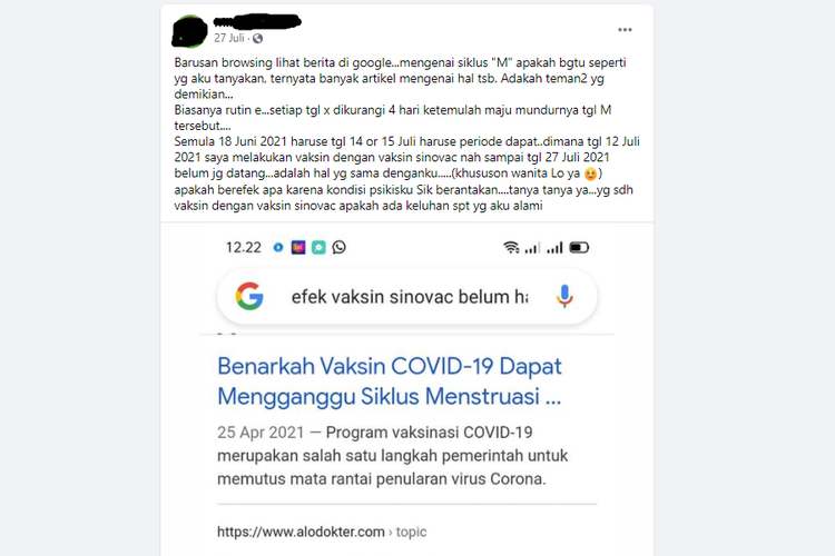 Tangkapan layar unggahan soal informasi vaksin Covid-19 disebut berpengaruh terhadap siklus menstruasi.