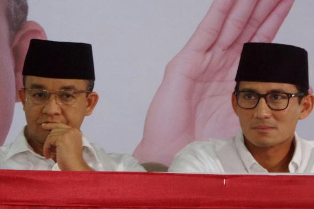 Pasangan Calon Gubernur dan Calon Wakil Gubernur DKI Jakarta nomor urut tiga, Anies Baswedan dan Sandiaga Uno di Kantor DPP Partai Gerindra, Ragunan, Jakarta Selatan, Rabu (15/2/2017).