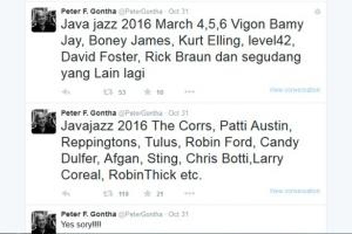 Presiden Direktur Java Festival Peter F Gontha melalui akun Twitter miliknya mengumumkan bahwa The Corrs dan Sting bakal tampil dalam Java Jazz International Music Festival 2016.