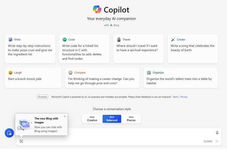 Tampilan chatbot AI Bing Chat setelah resmi berganti nama menjadi Copilot.