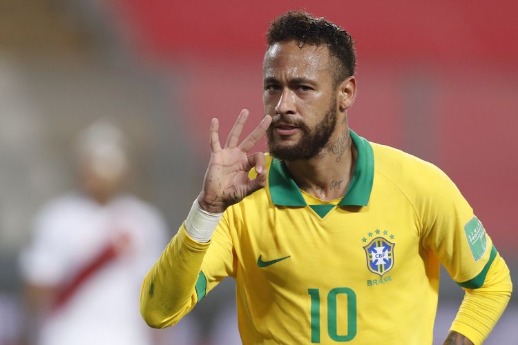 Winger timnas Brasil Neymar berselebrasi usai mencetak gol ke gawang Peru pada laga Kualifikiasi Piala Dunia Zona Amerika Selatan (Conmebol) di Estadio Nacional, Lima, Rabu (14/10/2020) pagi WIB.  Terdekat, Neymar Jr akan membela timnas Brasil pada Piala Dunia 2022 Qatar.